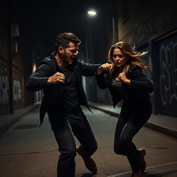 A tense and dramatic scene set in a dark and shadowy street at night, featuring an aggressive man lunging towards a woman
