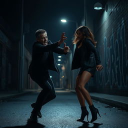 A tense and dramatic scene set in a dark and shadowy street at night, featuring an aggressive man lunging towards a woman