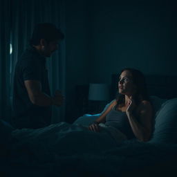 A dramatic and tense scene set in a dimly lit bedroom at night, depicting a moment of crisis