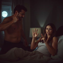 A dramatic and tense scene set in a dimly lit bedroom at night, depicting a moment of crisis