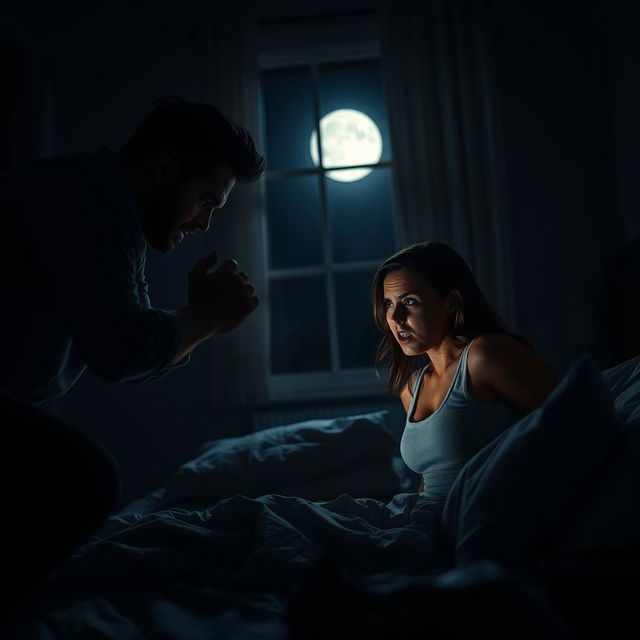 A dramatic and tense scene set in a dimly lit bedroom at night, depicting a moment of crisis