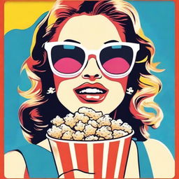 Pop art style girl donning sunglasses and enjoying popcorn.