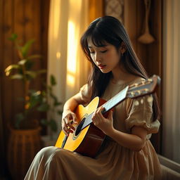 A beautiful Korean woman sitting in a softly lit room, playing an acoustic guitar while expressing emotions through a sad song