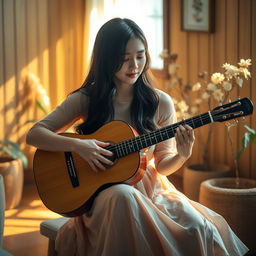A beautiful Korean woman sitting in a softly lit room, playing an acoustic guitar while expressing emotions through a sad song