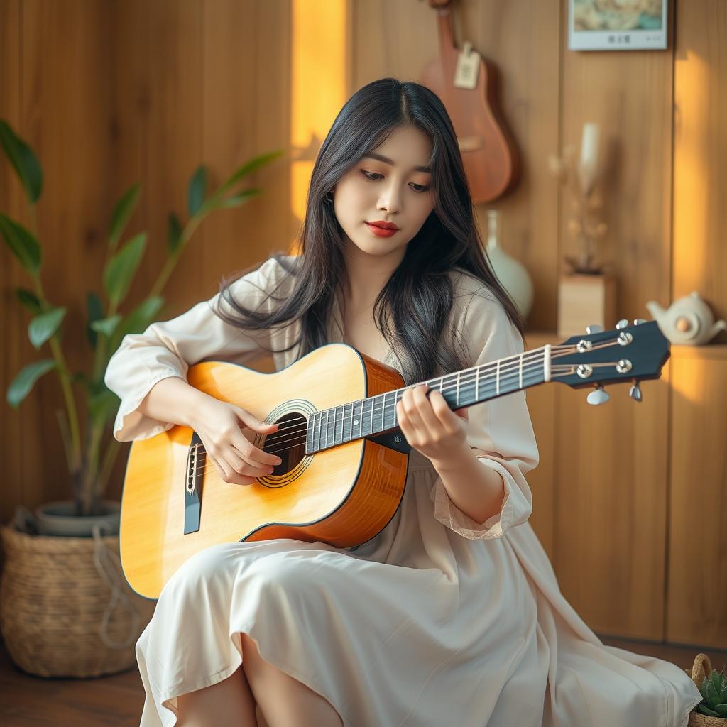 A beautiful Korean woman sitting in a softly lit room, playing an acoustic guitar while expressing emotions through a sad song