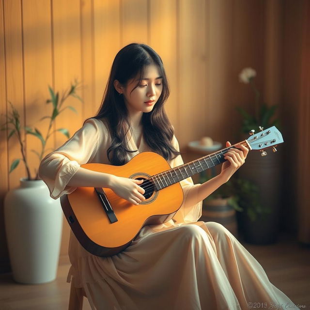 A beautiful Korean woman sitting in a softly lit room, playing an acoustic guitar while expressing emotions through a sad song