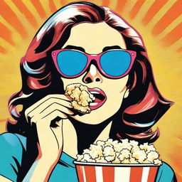 Pop art style girl donning sunglasses and enjoying popcorn.