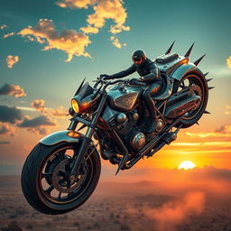 A futuristic flying motorcycle inspired by Mad Max, featuring an intricate design with full armor plating, large menacing spikes, and a rugged, post-apocalyptic aesthetic