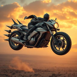 A futuristic flying motorcycle inspired by Mad Max, featuring an intricate design with full armor plating, large menacing spikes, and a rugged, post-apocalyptic aesthetic