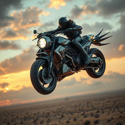 A futuristic flying motorcycle inspired by Mad Max, featuring an intricate design with full armor plating, large menacing spikes, and a rugged, post-apocalyptic aesthetic