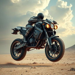 A futuristic motorcycle inspired by Mad Max, designed to be airborne with full armor plating