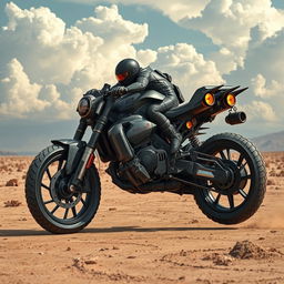A futuristic motorcycle inspired by Mad Max, designed to be airborne with full armor plating