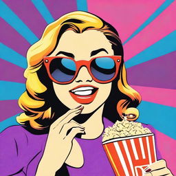 Pop art style girl donning sunglasses and enjoying popcorn.