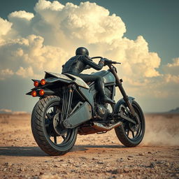 A futuristic motorcycle inspired by Mad Max, designed to be airborne with full armor plating