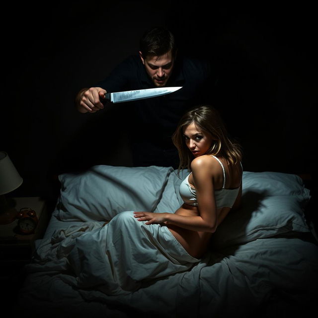 A dramatic and intense scene set in a dark bedroom at night, showing a man with a menacing expression brandishing a knife, creating a sense of imminent danger