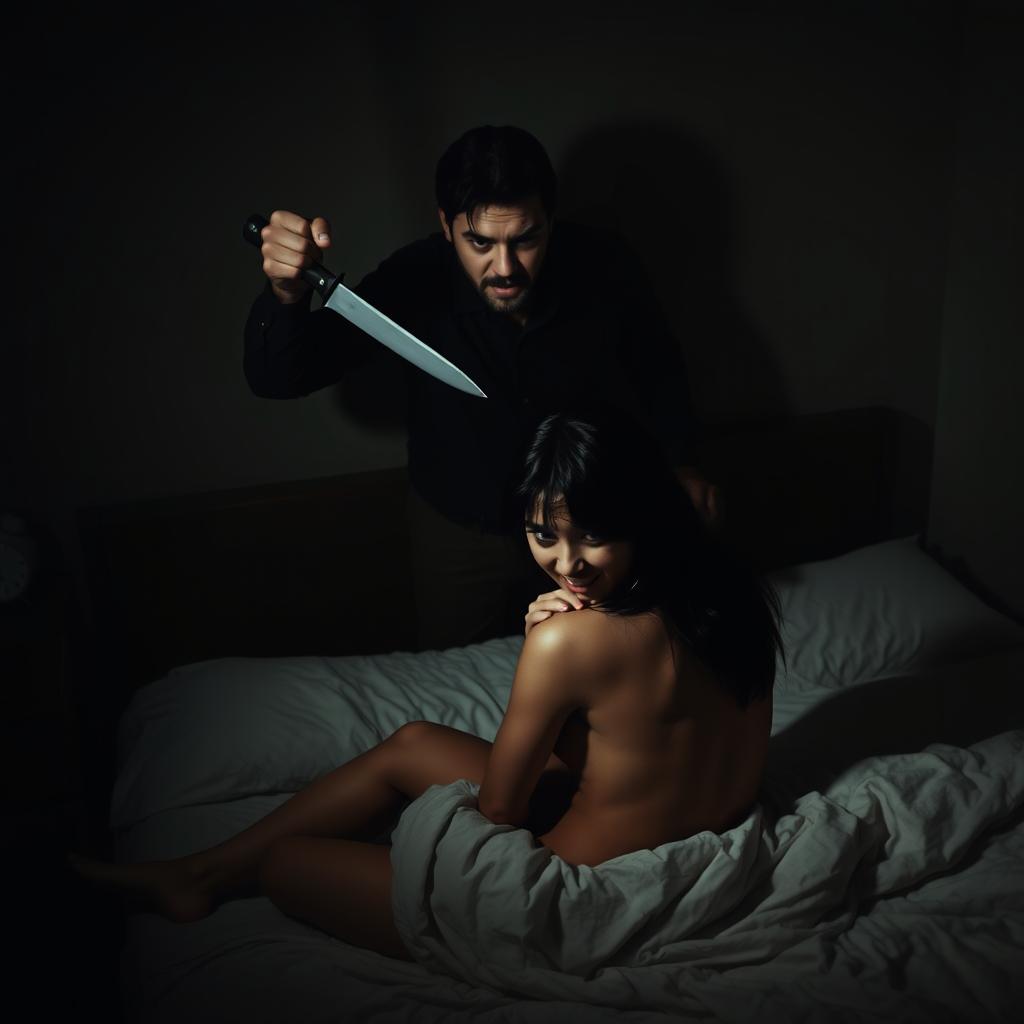 A dramatic and intense scene set in a dark bedroom at night, showing a man with a menacing expression brandishing a knife, creating a sense of imminent danger