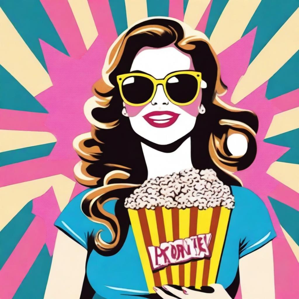 Pop art style girl donning sunglasses and enjoying popcorn.