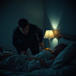 A tense and dramatic scene in a dimly lit bedroom at night, featuring a man with an intense expression as he approaches a woman in bed