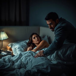 A tense and dramatic scene in a dimly lit bedroom at night, featuring a man with an intense expression as he approaches a woman in bed