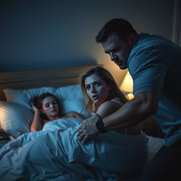 A tense and dramatic scene in a dimly lit bedroom at night, featuring a man with an intense expression as he approaches a woman in bed