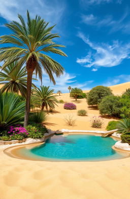 A captivating oasis scene that brings tranquility to a dry, arid desert landscape