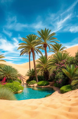 A captivating oasis scene that brings tranquility to a dry, arid desert landscape