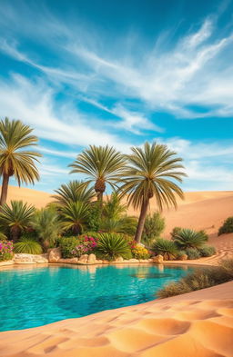 A captivating oasis scene that brings tranquility to a dry, arid desert landscape