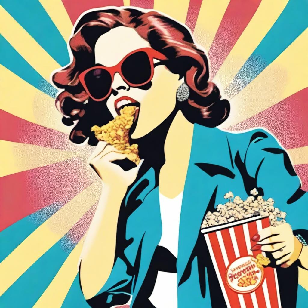 Pop art style woman wearing sunglasses, eating popcorn, and carrying a shopping bag.