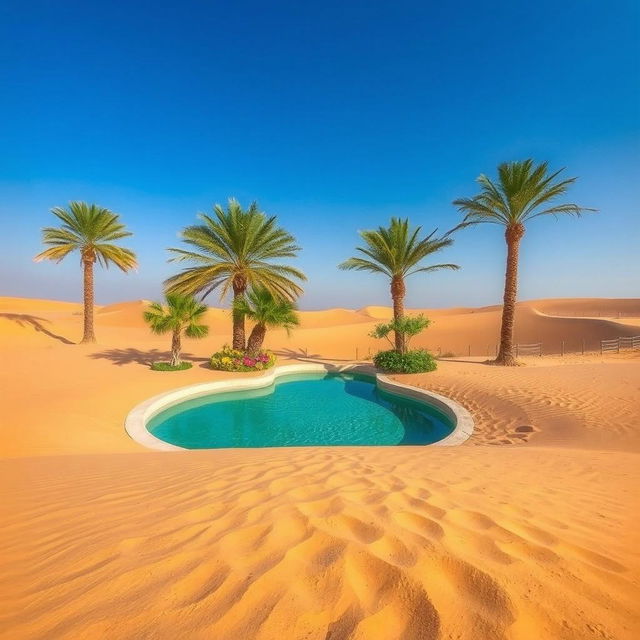 A serene oasis that serves as a heart-soothing sanctuary in a vast, sandy desert landscape