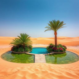 A serene oasis that serves as a heart-soothing sanctuary in a vast, sandy desert landscape