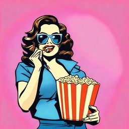 Pop art style woman wearing sunglasses, eating popcorn, and carrying a shopping bag.