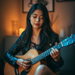 A beautiful Korean woman sitting in a softly lit, intimate setting, playing an acoustic guitar while performing a sad song