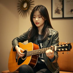 A beautiful Korean woman sitting in a softly lit, intimate setting, playing an acoustic guitar while performing a sad song