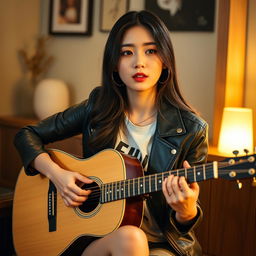 A beautiful Korean woman sitting in a softly lit, intimate setting, playing an acoustic guitar while performing a sad song