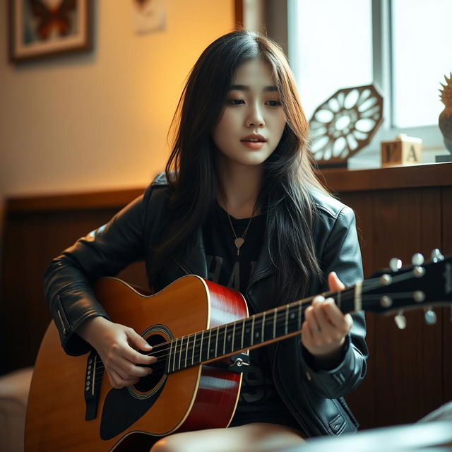 A beautiful Korean woman sitting in a softly lit, intimate setting, playing an acoustic guitar while performing a sad song