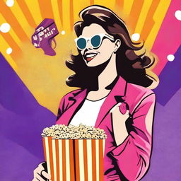 Pop art style woman wearing sunglasses, eating popcorn, and carrying a shopping bag.