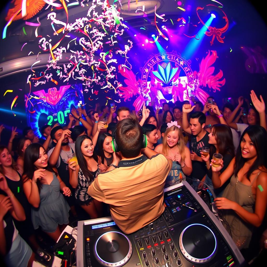 A lively party scene with a DJ booth at the center, featuring a talented DJ wearing stylish headphones, surrounded by colorful lights and vibrant decorations