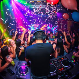 A lively party scene with a DJ booth at the center, featuring a talented DJ wearing stylish headphones, surrounded by colorful lights and vibrant decorations