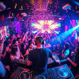 A lively party scene with a DJ booth at the center, featuring a talented DJ wearing stylish headphones, surrounded by colorful lights and vibrant decorations