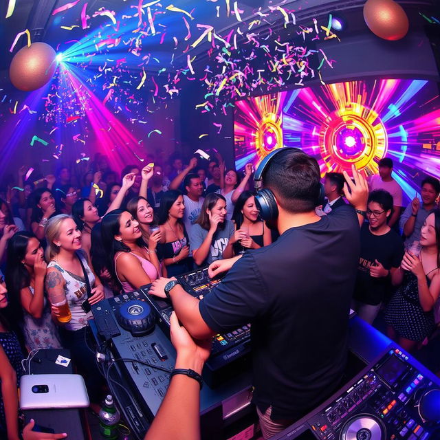A lively party scene with a DJ booth at the center, featuring a talented DJ wearing stylish headphones, surrounded by colorful lights and vibrant decorations