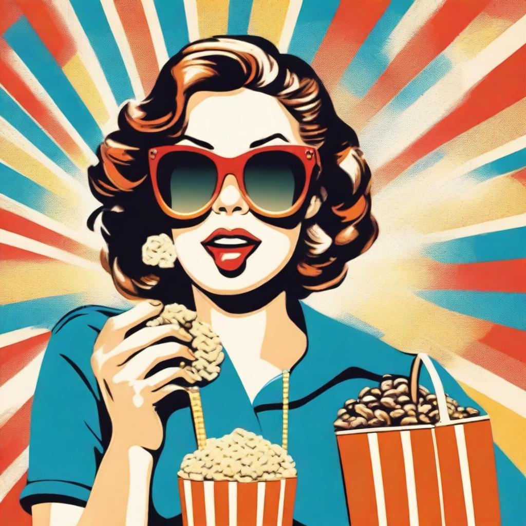 Pop art style woman wearing sunglasses, eating popcorn, and carrying a shopping bag.