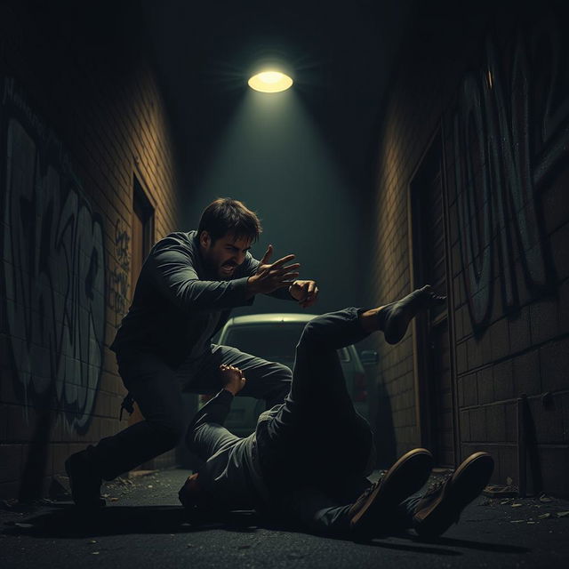 A tense and dramatic scene depicting a confrontation between two men in a shadowy alleyway at night