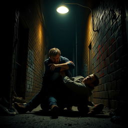 A tense and dramatic scene depicting a confrontation between two men in a shadowy alleyway at night