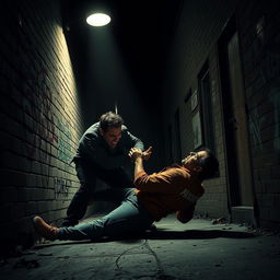 A tense and dramatic scene depicting a confrontation between two men in a shadowy alleyway at night