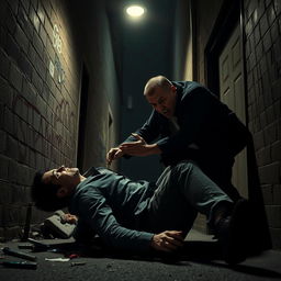 A tense and dramatic scene depicting a confrontation between two men in a shadowy alleyway at night