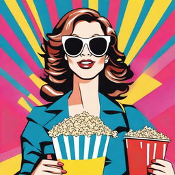 Animated woman in pop art style, wearing sunglasses, eating popcorn, and holding a shopping bag.