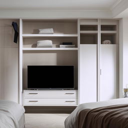 An elegant TV cabinet wall unit design, blending seamlessly into a bedroom setting, featuring an adjacent clothing cabinet.