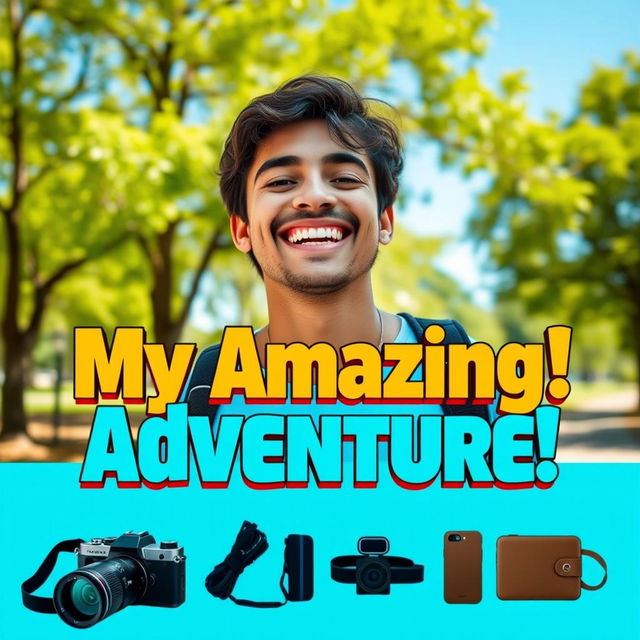 A vibrant and eye-catching thumbnail for a YouTube vlog featuring a charismatic young adult smiling enthusiastically, standing outdoors in a sunny park setting