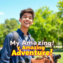 A vibrant and eye-catching thumbnail for a YouTube vlog featuring a charismatic young adult smiling enthusiastically, standing outdoors in a sunny park setting