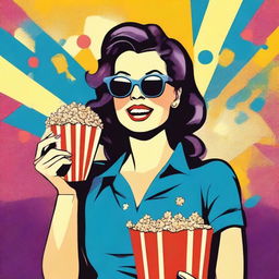 Animated woman in pop art style, wearing sunglasses, eating popcorn, and holding a shopping bag.